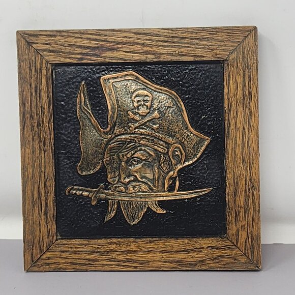 Vintage Copper Pirate Wall Art Plaque With‎ Wooden Frame Home Decor - Picture 1 of 5